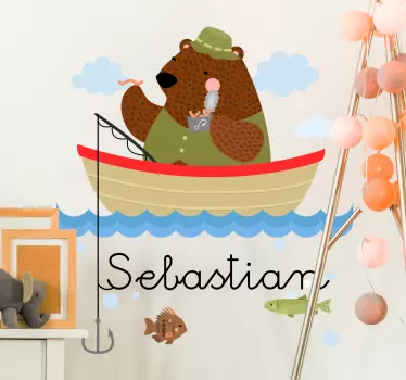 Vinilo habitación infantil oso pescador con nombre - TenVinilo