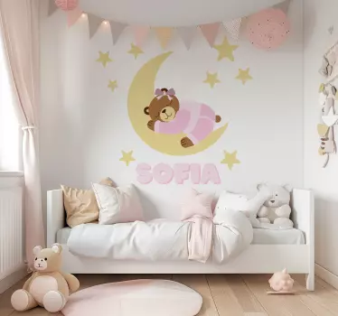 Vinilo infantil oso rosa de sueños felices con nombre - TenVinilo