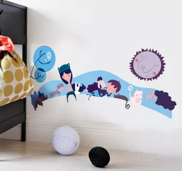 Vinilo infantil paisaje mascotas tonos azules - TenVinilo