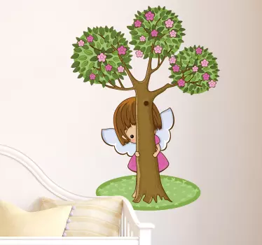 Vinilo infantil querubín detrás del árbol - TenVinilo