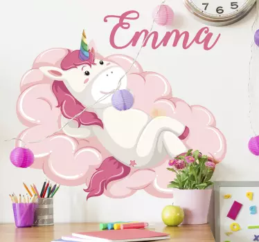 Vinilo infantil unicornio en la nube con nombre - TenVinilo
