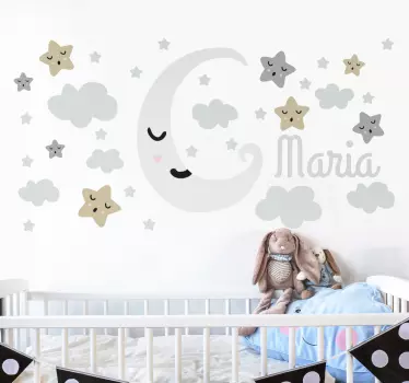 Vinilo decorativo infantil con nombre luna y estrellas - TenVinilo