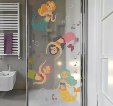 Vinilo mampara baño sirenas nadando juguetonas - TenVinilo