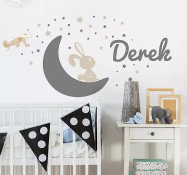 Vinilo niños con conejito en luna y nombre - TenVinilo