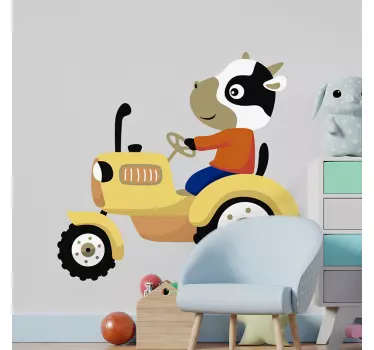 Vinilo para niños de tractor con vaca conduciendo - TenVinilo