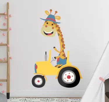 Vinilo para niños jirafa sobre tractor amarillo - TenVinilo