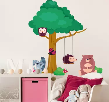 Vinilo para niños nórdico animales en árbol - TenVinilo
