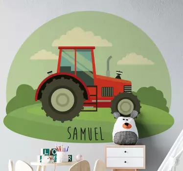 Vinilo para niños tractor en el campo con nombre - TenVinilo