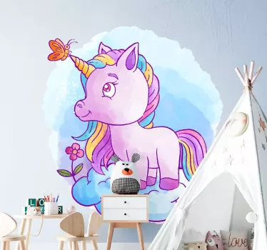 Vinilo infantil unicornio lila con mariposa - TenVinilo