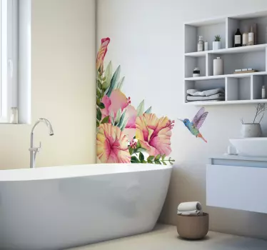 Vinilo baño flores con colibrí - TenVinilo
