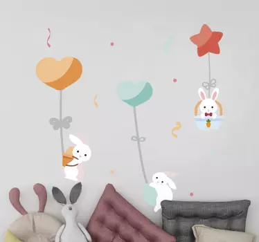Vinilo pared de conejos volando en globos - TenVinilo