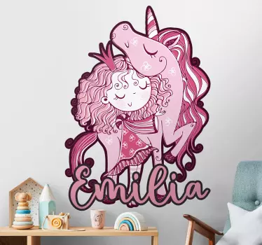Vinilo pared infantil abrazo de unicornio rosa - TenVinilo