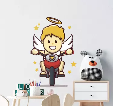 Vinilo pared infantil Ángel en motocicleta - TenVinilo
