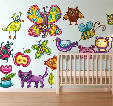 Vinilo pared infantil animales de dibujos coloridos - TenVinilo