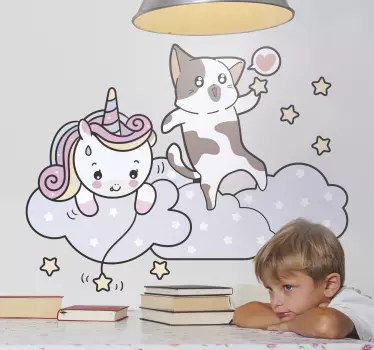 Vinilo pared infantil aventura de unicornio juguetona - TenVinilo