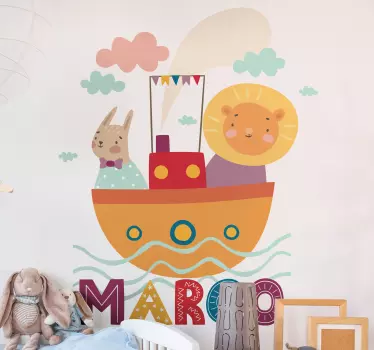 Vinilo pared infantil barco de amigos animales - TenVinilo