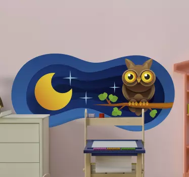 Vinilo pared infantil búho bajo la luna - TenVinilo