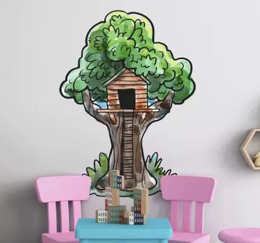 Vinilo pared infantil casa del árbol con escalera - TenVinilo