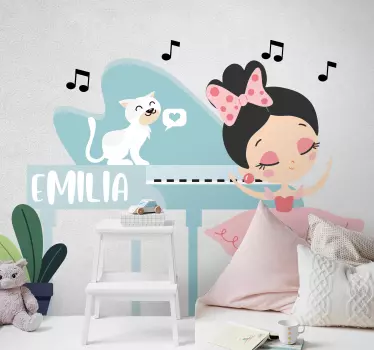 Vinilo pared infantil chica gata de ballet con nombre - TenVinilo