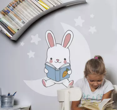 Vinilo pared infantil conejito lector juguetón - TenVinilo