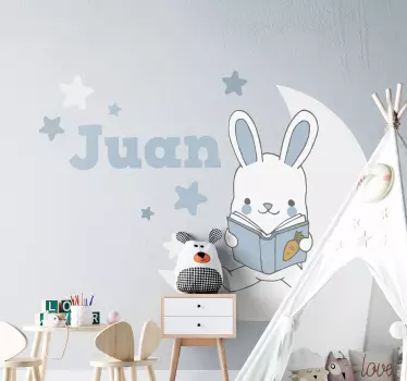 Vinilo pared infantil conejito leyendo un libro - TenVinilo