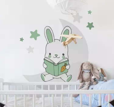 Vinilo pared infantil conejo leyendo feliz - TenVinilo