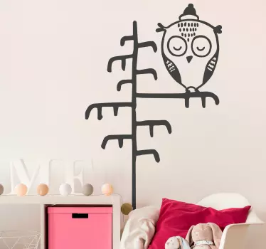 Vinilo pared infantil decoración de árbol con búhos - TenVinilo