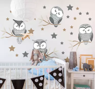 Vinilo pared infantil decoración de búhos para nursery - TenVinilo