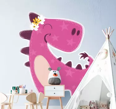 Vinilo pared infantil dinosaurio adorable color rosa - TenVinilo