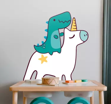 Vinilo pared infantil dinosaurio montando unicornio - TenVinilo