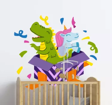 Vinilo pared infantil dinosaurio unicornio colorido - TenVinilo