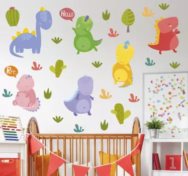 Vinilo pared infantil dinosaurios animados vibrantes - TenVinilo