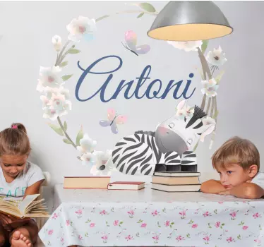 Vinilo pared infantil diseño floral de cebra - TenVinilo