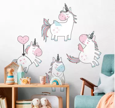 Vinilo pared infantil encantadoras figuras de unicornio - TenVinilo