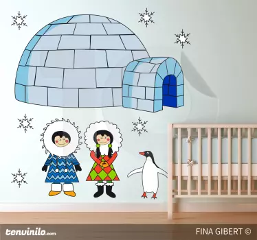 Vinilo pared infantil escena de amigos en el igloo - TenVinilo