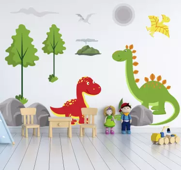 Vinilo pared infantil escena de dinosaurios coloridos - TenVinilo