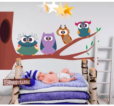 Vinilo pared infantil familia de búhos encantadores - TenVinilo