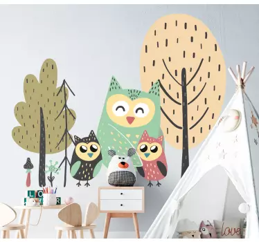 Vinilo pared infantil familia de búhos felices - TenVinilo