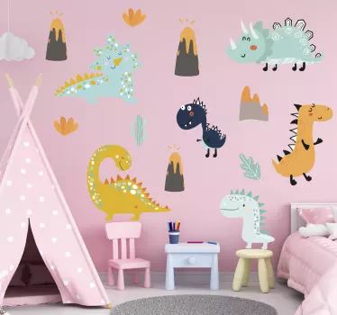 Vinilo pared infantil familia de dinosaurios alegres - TenVinilo