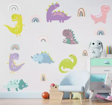 Vinilo pared infantil figuras de dinosaurios encantadores - TenVinilo
