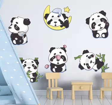 Vinilo pared infantil figuritas de panda encantadoras - TenVinilo