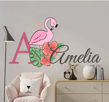 Vinilo infantil flamenco floral con nombre - TenVinilo