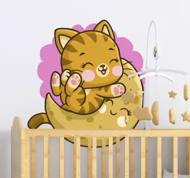 Vinilo pared infantil gato lindo en la luna - TenVinilo