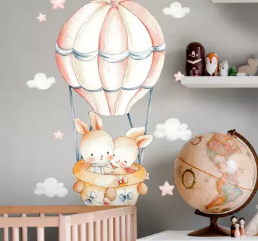 Vinilo pared infantil globo aerostático de conejito - TenVinilo