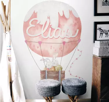 Vinilo pared infantil globo aerostático rosa personalizado - TenVinilo