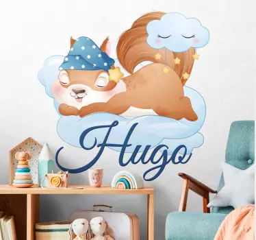 Vinilo pared infantil ardilla durmiendo con nombre - TenVinilo