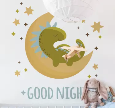 Vinilo pared infantil luna de dinosaurio soñoliento - TenVinilo