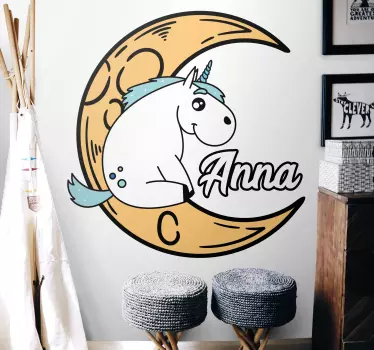 Vinilo pared infantil luna de unicornio personalizada - TenVinilo