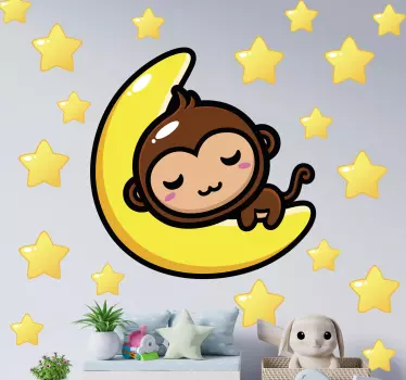 Vinilo pared infantil mono durmiendo en la luna - TenVinilo