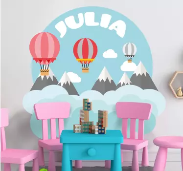 Vinilo pared infantil montañas y globo con nombre - TenVinilo